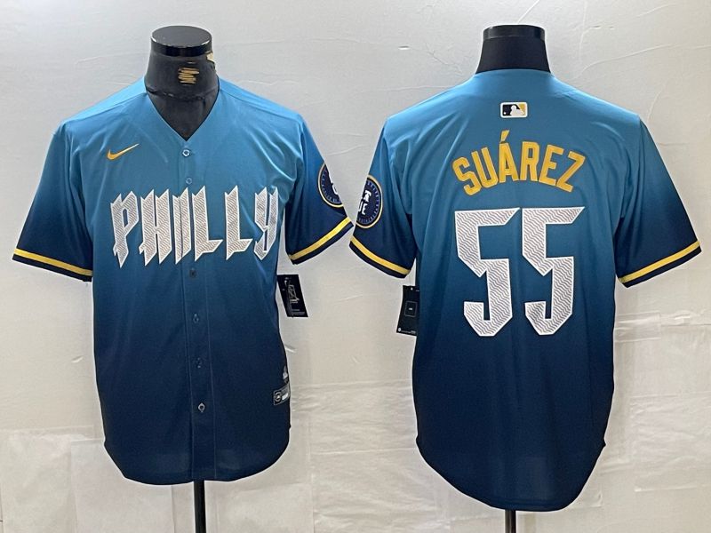 Men Philadelphia Phillies #55 Suarez Blue City Edition Nike 2024 MLB Jersey style 2